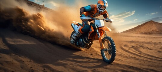 Motocross rider riding a motorbike jumping at sunset with dramatic view of dirt track. AI generated - obrazy, fototapety, plakaty