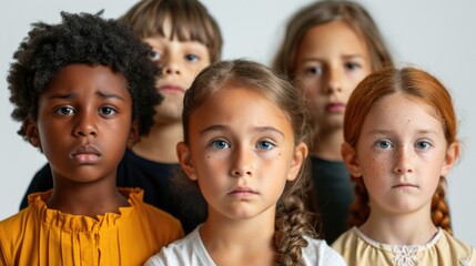 different race of sad children without parents with tears in eyes looking at camera on white