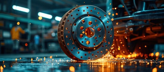 3d rendering of automotive part with sparks flying in the air. - obrazy, fototapety, plakaty