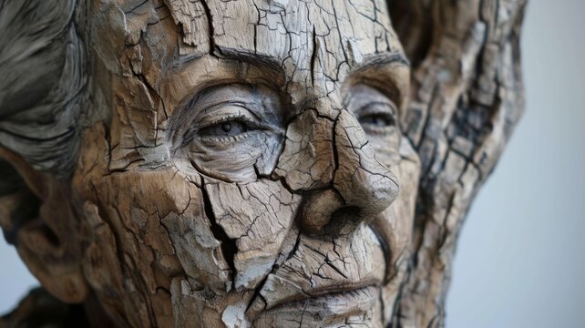 Portrait of an elderly woman carved from wood. Wooden sculpture of a man with many age cracks in the wood