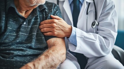 Doctor holding senior male patient hand with care