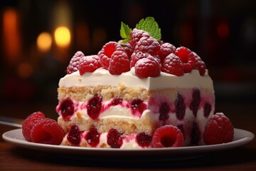 A cake with white cream and a topping of raspberries