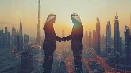 Fototapeta na wymiar Double exposure of two business men over Dubai skyline building background. Arabian and western man handshaking concept 