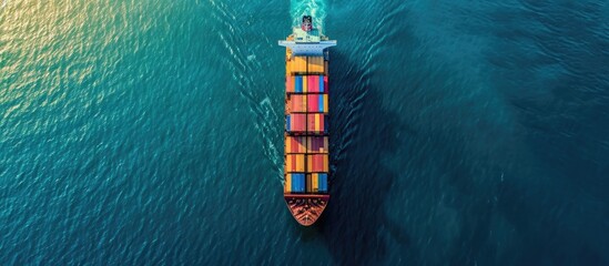 Container ship seen from above, moving on open ocean while transporting cargo. - obrazy, fototapety, plakaty