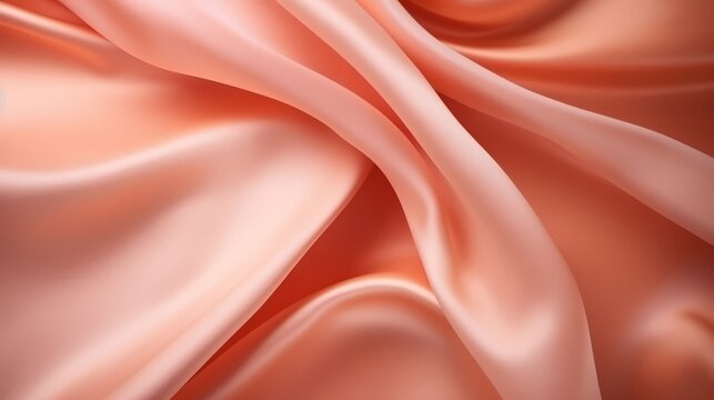 Soft silk fabric in a peach fuzz color as a background. Top view.