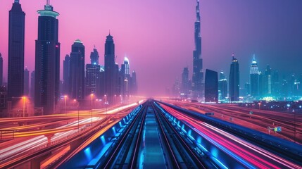Fototapeta na wymiar Dubai Skyline and Downtown with SZR lightrail and Lights