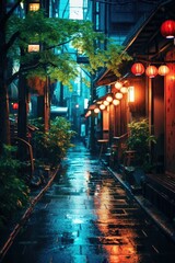 night and rain street with japanese building house and store style with hanging lanterns. Tokyo districs street with neon lights concept.
