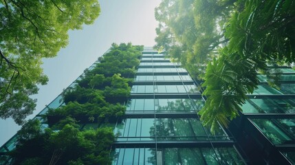 Eco-friendly building in modern city. Sustainable glass office building with trees for reducing CO2. Green architecture. Building with green environment. Sustainability corporate. Net zero emissions