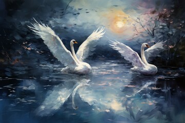 Obraz premium Graceful moonlit swans, gliding across shimmering lakes with elegance and poise - Generative AI