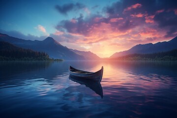 A canoe on a blue lake with a blue sunset in the background - obrazy, fototapety, plakaty