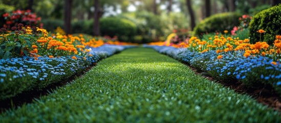 Green grass in the garden with sunlight. Nature and environment concept. - obrazy, fototapety, plakaty