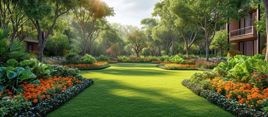 Zelfklevend Fotobehang Green grass in the garden with sunlight. Nature and environment concept. © KRIS