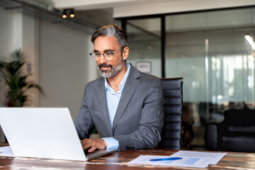 Happy mature European business man ceo trader using computer, typing, working in modern office,...