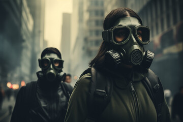 people in gas mask with pollution