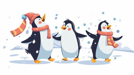 Joyful Penguins' Dance Party in Snowy Wonderland, 2D Flat Vector Design on White Background