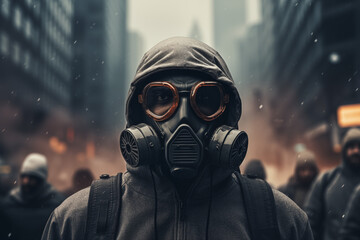 people wearing gas mask with pollution