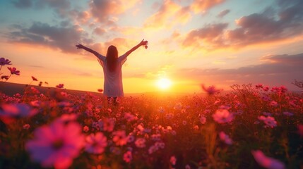 Young woman standing in a field of daisies at sunset. - obrazy, fototapety, plakaty