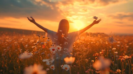 Young woman standing in a field of daisies at sunset.