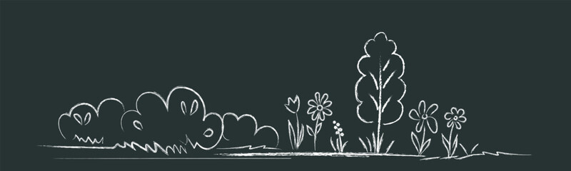 landscape, tree, flower - doodle drawings are drawn by child's hand in chalk on the asphalt or on the school blackboard. White lines on black background - obrazy, fototapety, plakaty