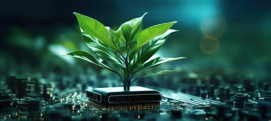 Illustration modern green plant growing on a computer circuit board. AI generated image - obrazy, fototapety, plakaty