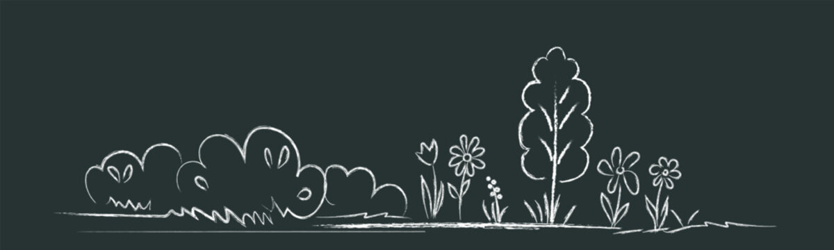 landscape, tree, flower - doodle drawings are drawn by child's hand in chalk on the asphalt or on the school blackboard. White lines on black background