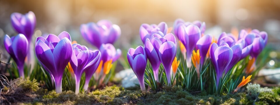 blooming crocuses in the spring forest. Spring background, banner