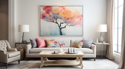 An inviting focal point in the living room with a statement piece of art.