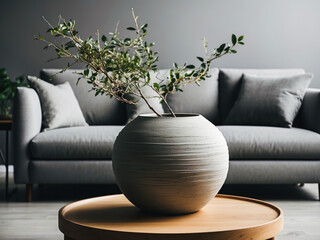 Close up of round vase with branches on wooden coffee table against grey sofa. Minimalist home interior design of modern living room