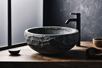 Close up of stylish stone round vessel sink on rustic wooden counter and black wall mounted faucet on grey stucco wall with copy space. Minimalist interior design of modern bathroom