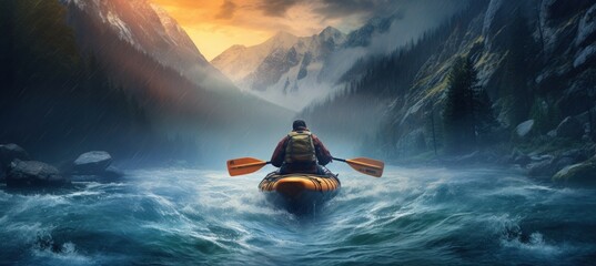 A man with a whitewater kayak goes down a fast flowing river from the mountains. AI generated image