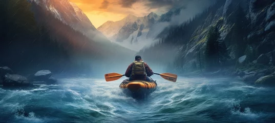 Fotobehang A man with a whitewater kayak goes down a fast flowing river from the mountains. AI generated image © MUCHIB