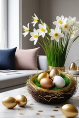 Nest with Easter eggs and green grass against a background of spring flowers and a stylish modern interior.
