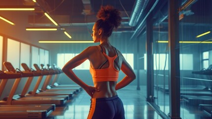 Confident young woman wearing a sport tank top standing alone in a gym after a workout session , fitness club campaign  - obrazy, fototapety, plakaty