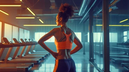 Crédence de cuisine en verre imprimé Fitness Confident young woman wearing a sport tank top standing alone in a gym after a workout session , fitness club campaign 