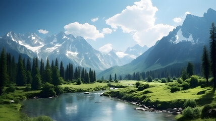 Naklejka na ściany i meble Beautiful summer landscape of mountains and river