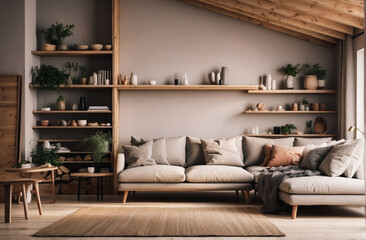 Corner sofa against shelving unit, scandinavian home interior design of modern living room in attic in farmhouse 