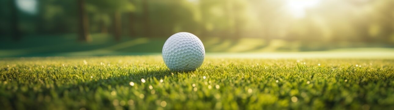 Closeup a white golf ball on green golf course with sunlight. AI generated image