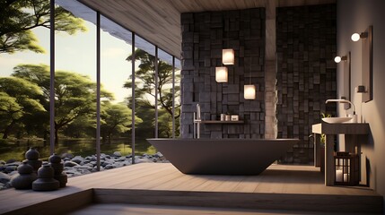 A bathroom with a Japanese or Zen-inspired design.