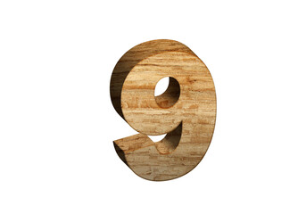 3d Wood Numbers, Alphabet Number Nine made of wood material, high-resolution image of 3d font, ready to use for graphic design purposes