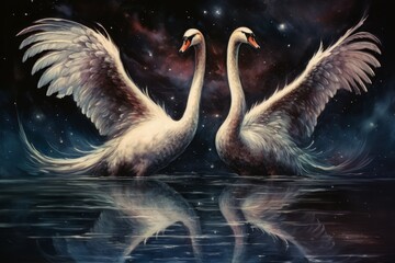 Graceful moonlit swans, gliding across shimmering lakes with elegance and poise - Generative AI - obrazy, fototapety, plakaty