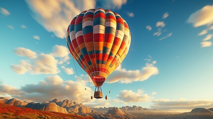 Obraz premium Cinematic scene, low angle shot, hot air balloon in clear skies