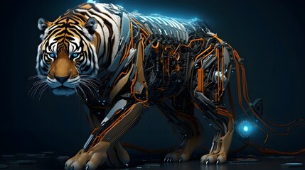 Fototapeta na wymiar Surreal Tiger Fusion: Harmonizing Nature and Technology in a Captivating Surreal Portrait of Tigers