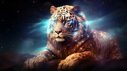 Celestial Tiger: Evoking Cosmic Wonder, Imagine a Tiger Illuminated by Celestial Lights in a Captivating Visual Odyssey