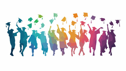 copy space, vector illustration, Happy graduates in graduation caps. Cheerful people, colored silhouette. high school graduation. Colorful silhouette of graduates in caps. Beautiful colored background