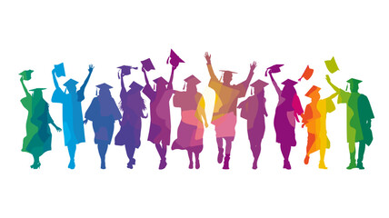 copy space, vector illustration, Happy graduates in graduation caps. Cheerful people, colored silhouette. high school graduation. Colorful silhouette of graduates in caps. Beautiful colored background