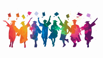 Fototapeta na wymiar copy space, vector illustration, Happy graduates in graduation caps. Cheerful people, colored silhouette. high school graduation. Colorful silhouette of graduates in caps. Beautiful colored background