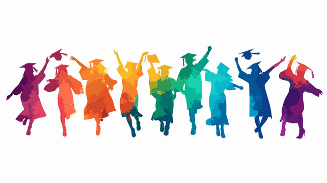copy space, vector illustration, Happy graduates in graduation caps. Cheerful people, colored silhouette. high school graduation. Colorful silhouette of graduates in caps. Beautiful colored background
