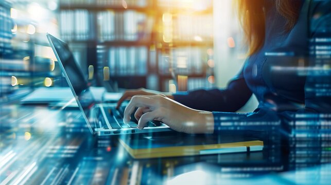 Woman Typing on Laptop in Library, Studious Academic Working on Research Project