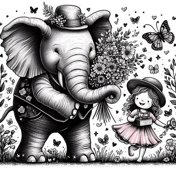 An elephant is giving flowers to a little girl