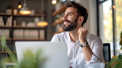 Obraz premium Happy Latin business man working at laptop in office looking away. Happy young businessman professional using computer sitting at desk thinking of corporate technology ai solutions. Copy space